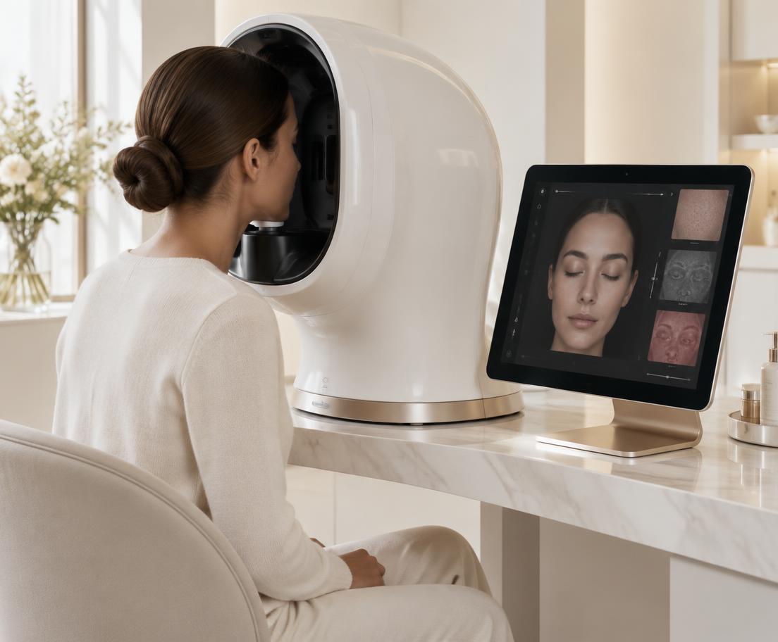 Scanner facial de alta tecnologia realizando análise de pele